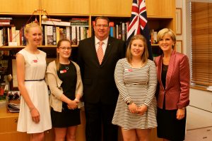 Libby (second from left) was thrilled to meet her local MP, Scott Bucholz, and Foreign Minister JUlie Bishop along with the fellow winners Hannah and Vesna.